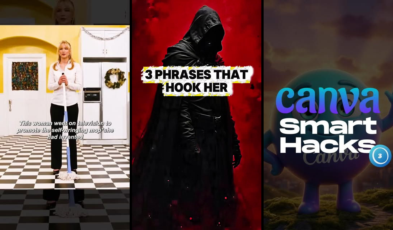 Split-screen showing viral social media posts with 3-second timer overlay, illustrating psychology-based hook writing tech...