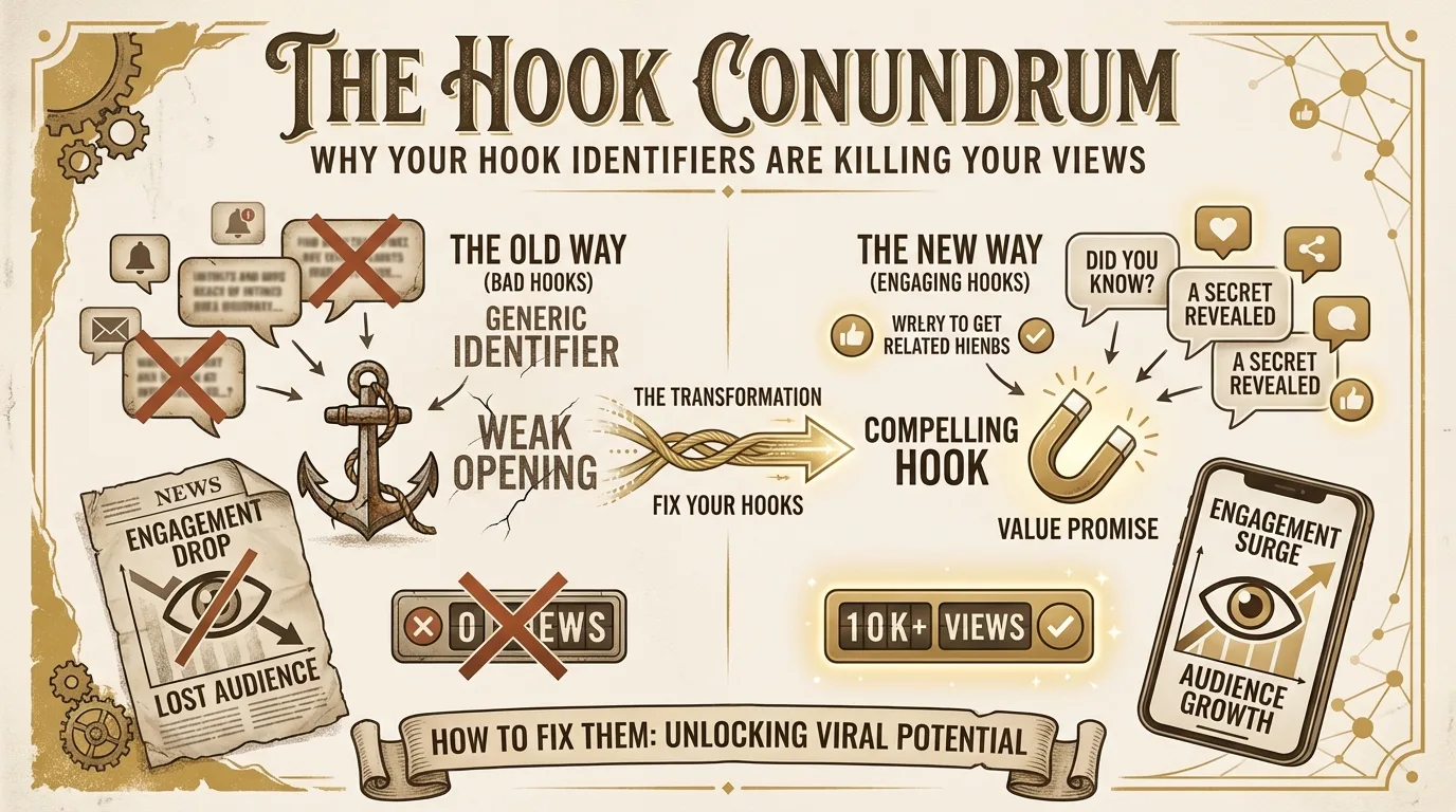 Graph showing declining video views with poor hook identifiers versus rising views with optimized hooks on mobile screen