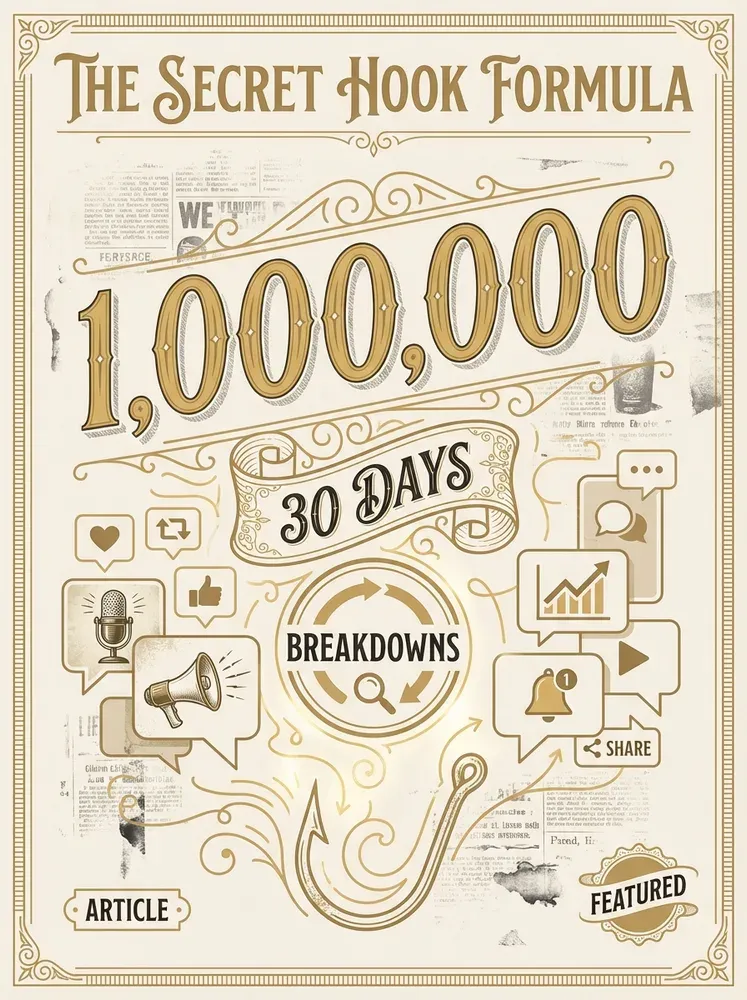 Graph showing exponential growth from 0 to 1 million views over 30 days with hook formula elements displayed on screen