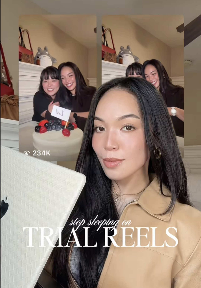 Person looking frustrated at laptop screen showing low social media engagement metrics and buried trial reel content